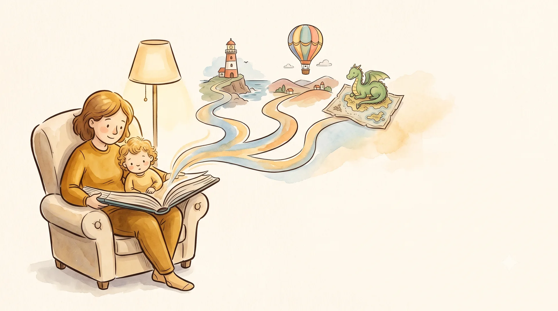 A grown-up and a child reading an oversized storybook in an armchair; three painted paths branch out of its pages toward a lighthouse, a hot-air balloon, and a dragon on a map