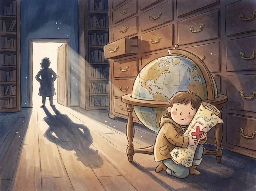 A child hugs a treasure map behind a huge globe in a lamplit cartography room while a silhouette waits in the doorway