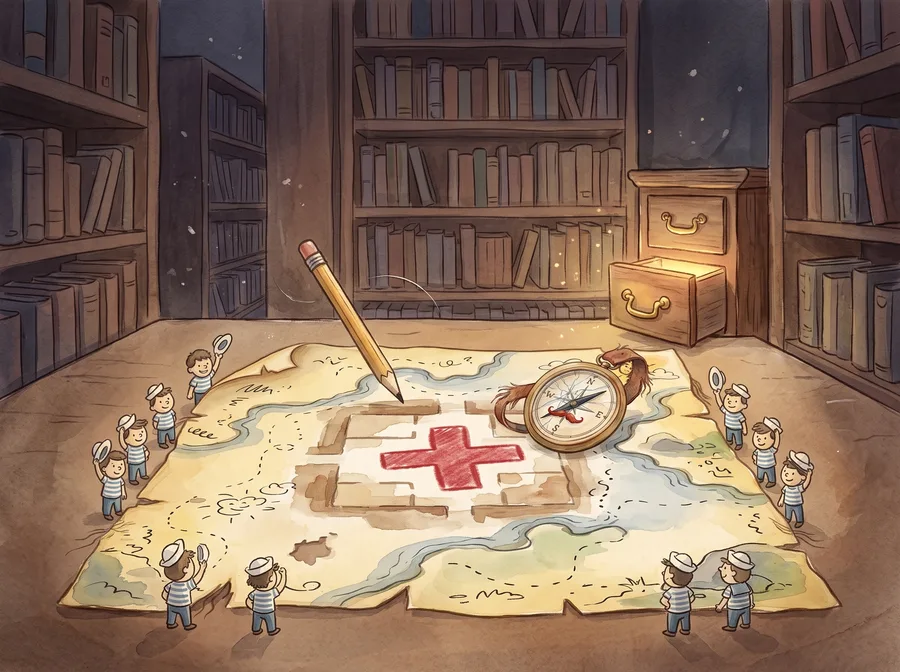 Tiny sailors gather around a giant map on the floor as a pencil draws a red X beside a brass compass