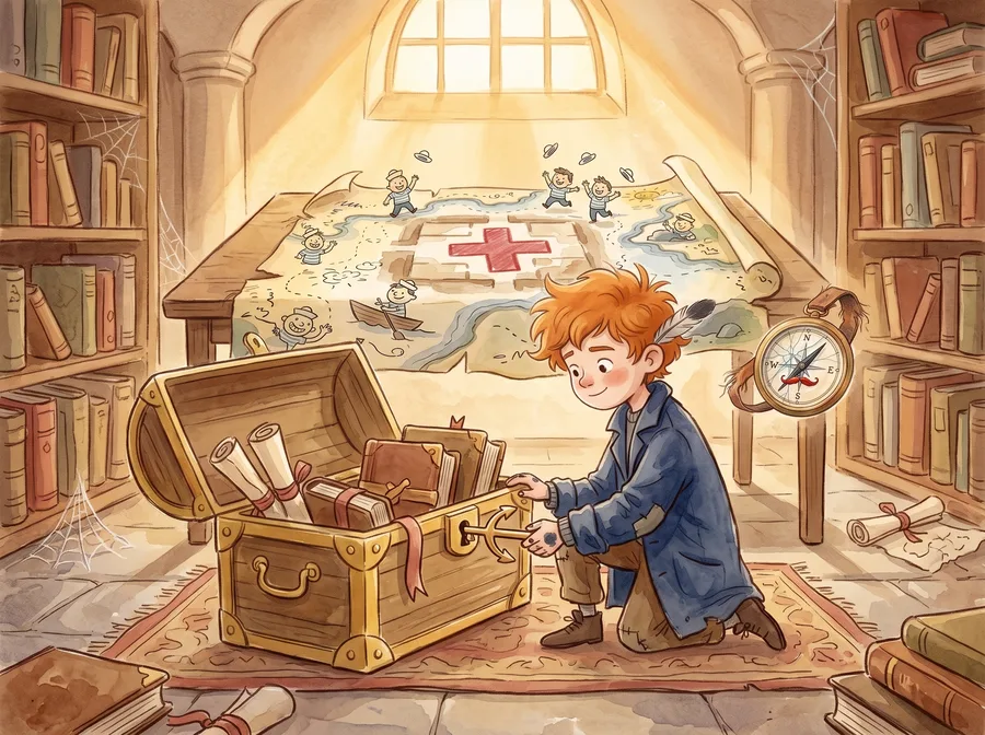 A boy kneels at an open chest of journals and scrolls in a sunlit map room